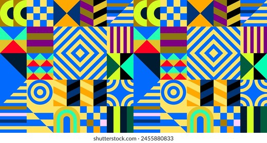 Retro futuristic vector pattern with geometric shapes. Simple form and a figure. Colorful Bauhaus background. Vintage graphics from 1980. 70s, 80s, 90s stile. Abstract design in the Scandinavian style