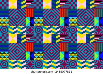 Retro futuristic vector pattern with geometric shapes. Simple form and a figure. Colorful Bauhaus background. Vintage graphics from 1980. 70s, 80s, 90s stile. Abstract design in the Scandinavian style
