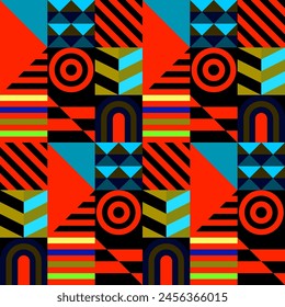 Retro futuristic vector pattern with geometric shapes. Simple form and a figure. Colorful Bauhaus background. Vintage graphics from 1980. 70s, 80s, 90s stile. Abstract design in the Scandinavian style