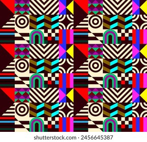 Retro futuristic vector pattern with geometric shapes. Simple form and a figure. Colorful Bauhaus background. Vintage graphics from 1980. 70s, 80s, 90s stile. Abstract design in the Scandinavian style
