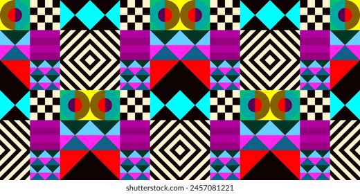 Retro futuristic vector pattern with geometric shapes. Simple form and a figure. Colorful Bauhaus background. Vintage graphics from 1980. 70s, 80s, 90s stile. Abstract design in the Scandinavian style