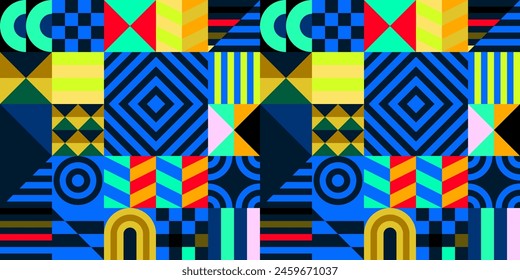 Retro futuristic vector pattern with geometric shapes. Simple form and a figure. Colorful Bauhaus background. Vintage graphics from 1980. 70s, 80s, 90s stile. Abstract design in the Scandinavian style