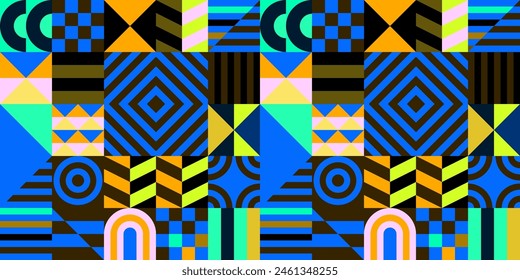 Retro futuristic vector pattern with geometric shapes. Simple form and a figure. Colorful Bauhaus background. Vintage graphics from 1980. 70s, 80s, 90s stile. Abstract design in the Scandinavian style