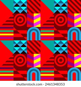 Retro futuristic vector pattern with geometric shapes. Simple form and a figure. Colorful Bauhaus background. Vintage graphics from 1980. 70s, 80s, 90s stile. Abstract design in the Scandinavian style