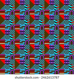 Retro futuristische Vektorgrafik Muster mit geometrischen Formen. Einfache Form und eine Figur. Bunter Bauhaus-Hintergrund. Klassische Grafik von 1980. 70er, 80er, 90er Jahre stile. Abstraktes Design im skandinavischen Stil