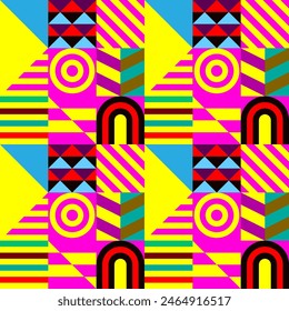 Retro futuristic vector pattern with geometric shapes. Simple form and a figure. Colorful Bauhaus background. Vintage graphics from 1980. 70s, 80s, 90s stile. Abstract design in the Scandinavian style