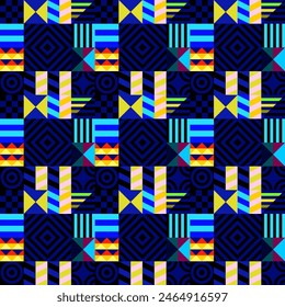 Retro futuristic vector pattern with geometric shapes. Simple form and a figure. Colorful Bauhaus background. Vintage graphics from 1980. 70s, 80s, 90s stile. Abstract design in the Scandinavian style