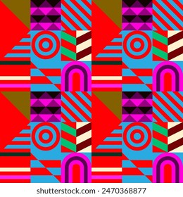 Retro futuristic vector pattern with geometric shapes. Simple form and a figure. Colorful Bauhaus background. Vintage graphics from 1980. 70s, 80s, 90s stile. Abstract design in the Scandinavian style