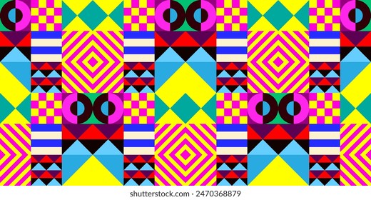 Retro futuristic vector pattern with geometric shapes. Simple form and a figure. Colorful Bauhaus background. Vintage graphics from 1980. 70s, 80s, 90s stile. Abstract design in the Scandinavian style