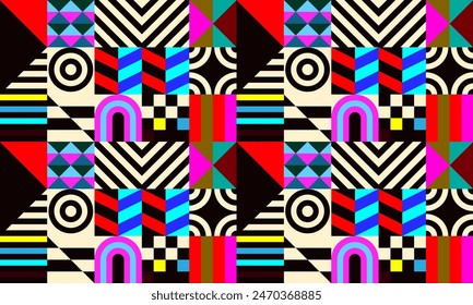 Patrón de Vector futurista retro con Formas geométricas. Forma simple y una figura. Colorido fondo Bauhaus. Gráficos de Antiguas de 1980. Estilo de los años 70, 80 y 90. Diseño Abstractas al estilo escandinavo