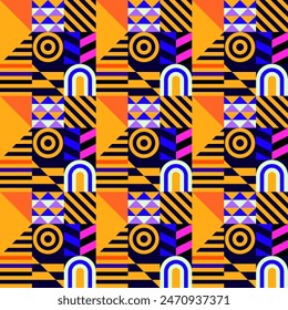 Retro futuristic vector pattern with geometric shapes. Simple form and a figure. Colorful Bauhaus background. Vintage graphics from 1980. 70s, 80s, 90s stile. Abstract design in the Scandinavian style