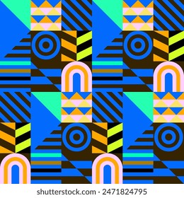 Retro futuristic vector pattern with geometric shapes. Simple form and a figure. Colorful Bauhaus background. Vintage graphics from 1980. 70s, 80s, 90s stile. Abstract design in the Scandinavian style