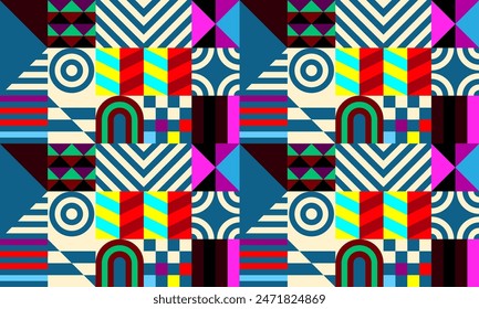 Retro futuristic vector pattern with geometric shapes. Simple form and a figure. Colorful Bauhaus background. Vintage graphics from 1980. 70s, 80s, 90s stile. Abstract design in the Scandinavian style