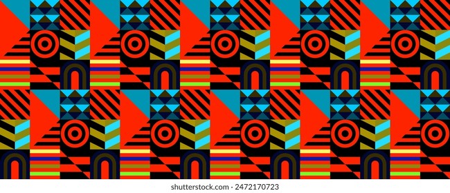 Retro futuristic vector pattern with geometric shapes. Simple form and a figure. Colorful Bauhaus background. Vintage graphics from 1980. 70s, 80s, 90s stile. Abstract design in the Scandinavian style