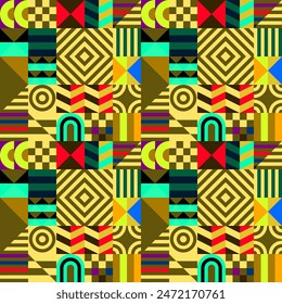 Retro futuristic vector pattern with geometric shapes. Simple form and a figure. Colorful Bauhaus background. Vintage graphics from 1980. 70s, 80s, 90s stile. Abstract design in the Scandinavian style