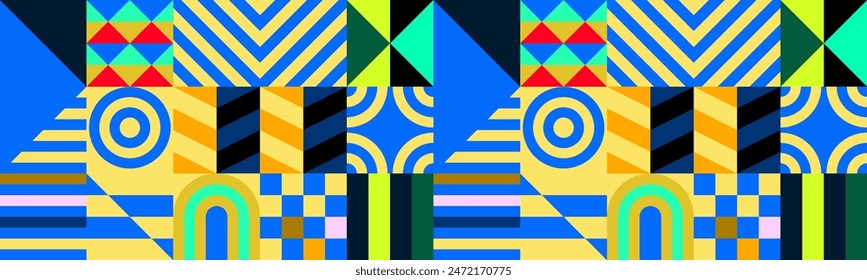 Retro futuristic vector pattern with geometric shapes. Simple form and a figure. Colorful Bauhaus background. Vintage graphics from 1980. 70s, 80s, 90s stile. Abstract design in the Scandinavian style