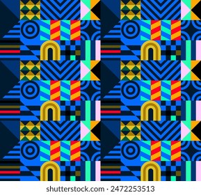 Retro futuristic vector pattern with geometric shapes. Simple form and a figure. Colorful Bauhaus background. Vintage graphics from 1980. 70s, 80s, 90s stile. Abstract design in the Scandinavian style
