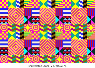 Retro futuristic vector pattern with geometric shapes. Simple form and a figure. Colorful Bauhaus background. Vintage graphics from 1980. 70s, 80s, 90s stile. Abstract design in the Scandinavian style