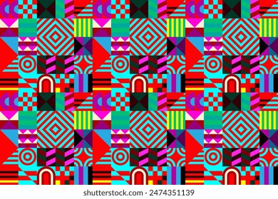 Retro futuristic vector pattern with geometric shapes. Simple form and a figure. Colorful Bauhaus background. Vintage graphics from 1980. 70s, 80s, 90s stile. Abstract design in the Scandinavian style