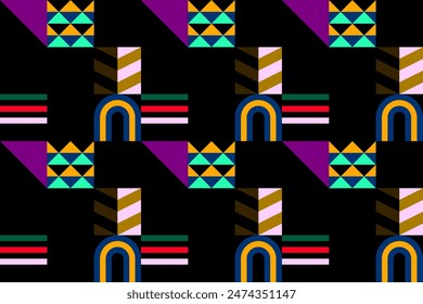 Retro futuristic vector pattern with geometric shapes. Simple form and a figure. Colorful Bauhaus background. Vintage graphics from 1980. 70s, 80s, 90s stile. Abstract design in the Scandinavian style