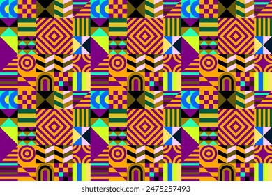 Retro futuristic vector pattern with geometric shapes. Simple form and a figure. Colorful Bauhaus background. Vintage graphics from 1980. 70s, 80s, 90s stile. Abstract design in the Scandinavian style