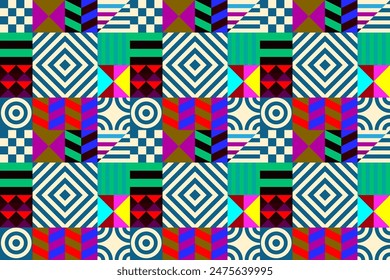 Retro futuristic vector pattern with geometric shapes. Simple form and a figure. Colorful Bauhaus background. Vintage graphics from 1980. 70s, 80s, 90s stile. Abstract design in the Scandinavian style