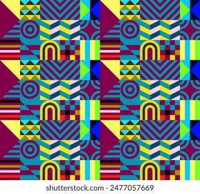 Retro futuristic vector pattern with geometric shapes. Simple form and a figure. Colorful Bauhaus background. Vintage graphics from 1980. 70s, 80s, 90s stile. Abstract design in the Scandinavian style