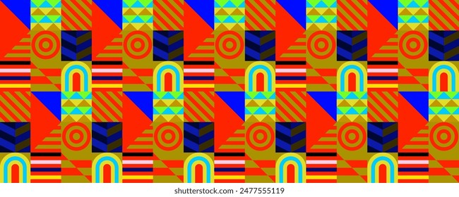 Retro futuristic vector pattern with geometric shapes. Simple form and a figure. Colorful Bauhaus background. Vintage graphics from 1980. 70s, 80s, 90s stile. Abstract design in the Scandinavian style