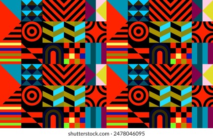 Retro futuristic vector pattern with geometric shapes. Simple form and a figure. Colorful Bauhaus background. Vintage graphics from 1980. 70s, 80s, 90s stile. Abstract design in the Scandinavian style