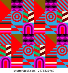 Retro futuristic vector pattern with geometric shapes. Simple form and a figure. Colorful Bauhaus background. Vintage graphics from 1980. 70s, 80s, 90s stile. Abstract design in the Scandinavian style