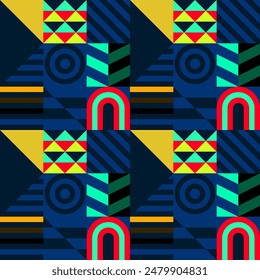 Retro futuristic vector pattern with geometric shapes. Simple form and a figure. Colorful Bauhaus background. Vintage graphics from 1980. 70s, 80s, 90s stile. Abstract design in the Scandinavian style