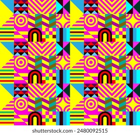 Patrón de Vector futurista retro con Formas geométricas. Forma simple y una figura. Colorido fondo Bauhaus. Gráficos de Antiguas de 1980. Estilo de los años 70, 80 y 90. Diseño Abstractas al estilo escandinavo