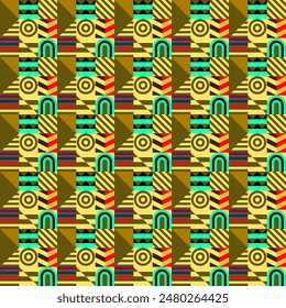 Retro futuristic vector pattern with geometric shapes. Simple form and a figure. Colorful Bauhaus background. Vintage graphics from 1980. 70s, 80s, 90s stile. Abstract design in the Scandinavian style