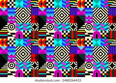 Retro futuristic vector pattern with geometric shapes. Simple form and a figure. Colorful Bauhaus background. Vintage graphics from 1980. 70s, 80s, 90s stile. Abstract design in the Scandinavian style