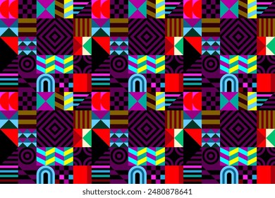 Retro futuristic vector pattern with geometric shapes. Simple form and a figure. Colorful Bauhaus background. Vintage graphics from 1980. 70s, 80s, 90s stile. Abstract design in the Scandinavian style