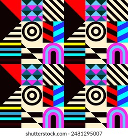 Retro futuristic vector pattern with geometric shapes. Simple form and a figure. Colorful Bauhaus background. Vintage graphics from 1980. 70s, 80s, 90s stile. Abstract design in the Scandinavian style