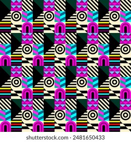 Retro futuristic vector pattern with geometric shapes. Simple form and a figure. Colorful Bauhaus background. Vintage graphics from 1980. 70s, 80s, 90s stile. Abstract design in the Scandinavian style