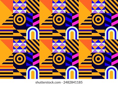 Retro futuristic vector pattern with geometric shapes. Simple form and a figure. Colorful Bauhaus background. Vintage graphics from 1980. 70s, 80s, 90s stile. Abstract design in the Scandinavian style