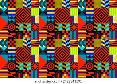 Retro futuristic vector pattern with geometric shapes. Simple form and a figure. Colorful Bauhaus background. Vintage graphics from 1980. 70s, 80s, 90s stile. Abstract design in the Scandinavian style