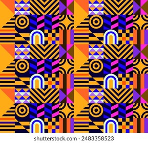 Retro futuristic vector pattern with geometric shapes. Simple form and a figure. Colorful Bauhaus background. Vintage graphics from 1980. 70s, 80s, 90s stile. Abstract design in the Scandinavian style