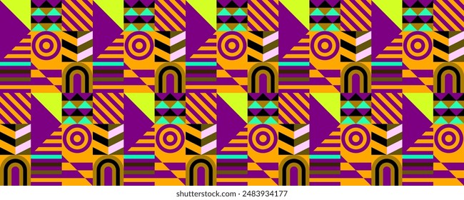 Retro futuristic vector pattern with geometric shapes. Simple form and a figure. Colorful Bauhaus background. Vintage graphics from 1980. 70s, 80s, 90s stile. Abstract design in the Scandinavian style