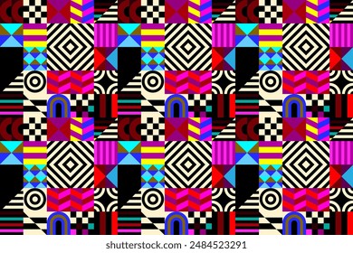 Retro futuristic vector pattern with geometric shapes. Simple form and a figure. Colorful Bauhaus background. Vintage graphics from 1980. 70s, 80s, 90s stile. Abstract design in the Scandinavian style