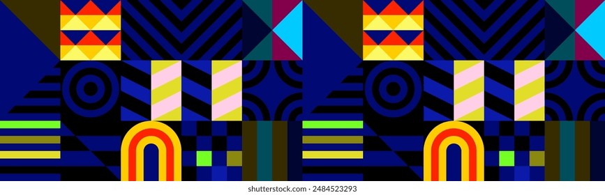 Retro futuristic vector pattern with geometric shapes. Simple form and a figure. Colorful Bauhaus background. Vintage graphics from 1980. 70s, 80s, 90s stile. Abstract design in the Scandinavian style