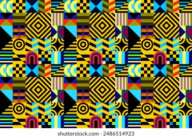 Retro futuristic vector pattern with geometric shapes. Simple form and a figure. Colorful Bauhaus background. Vintage graphics from 1980. 70s, 80s, 90s stile. Abstract design in the Scandinavian style