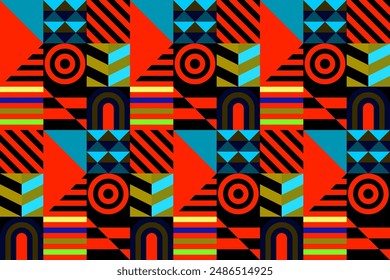 Retro futuristic vector pattern with geometric shapes. Simple form and a figure. Colorful Bauhaus background. Vintage graphics from 1980. 70s, 80s, 90s stile. Abstract design in the Scandinavian style