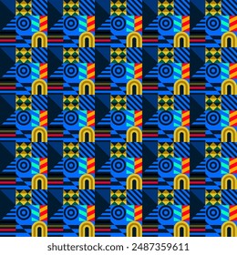 Retro futuristic vector pattern with geometric shapes. Simple form and a figure. Colorful Bauhaus background. Vintage graphics from 1980. 70s, 80s, 90s stile. Abstract design in the Scandinavian style