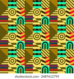 Retro futuristic vector pattern with geometric shapes. Simple form and a figure. Colorful Bauhaus background. Vintage graphics from 1980. 70s, 80s, 90s stile. Abstract design in the Scandinavian style