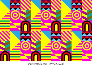 Retro futuristic vector pattern with geometric shapes. Simple form and a figure. Colorful Bauhaus background. Vintage graphics from 1980. 70s, 80s, 90s stile. Abstract design in the Scandinavian style