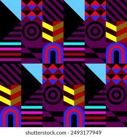 Retro futuristic vector pattern with geometric shapes. Simple form and a figure. Colorful Bauhaus background. Vintage graphics from 1980. 70s, 80s, 90s stile. Abstract design in the Scandinavian style