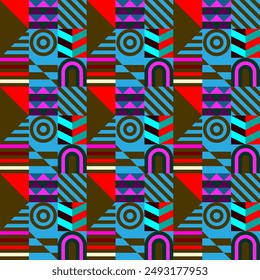 Retro futuristische Vektorgrafik Muster mit geometrischen Formen. Einfache Form und eine Figur. Bunter Bauhaus-Hintergrund. Klassische Grafik von 1980. 70er, 80er, 90er Jahre stile. Abstraktes Design im skandinavischen Stil